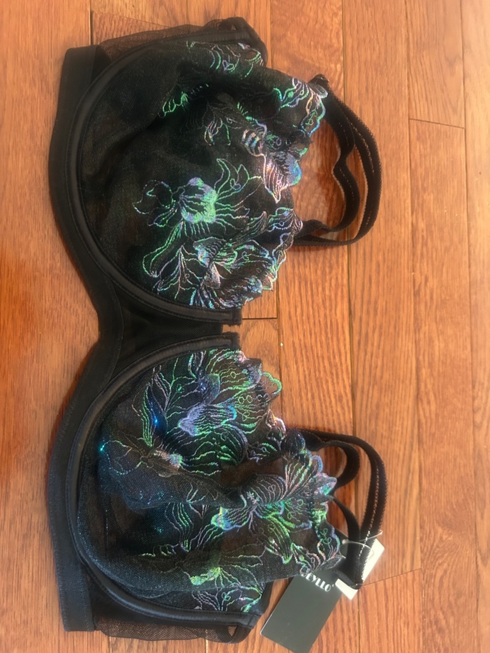 Black Sheer Embroidered Underwire Bra with Iridescent Floral Detail